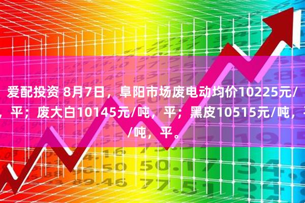 爱配投资 8月7日，阜阳市场废电动均价10225元/吨，平；废大白10145元/吨，平；黑皮10515元/吨，平。
